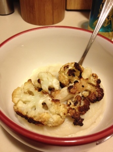 Purée topped with roasted cauliflower florets.